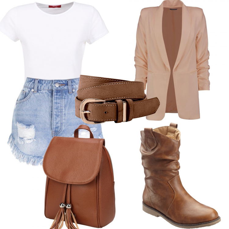 Outfit donna - Trendy #47567. Stile Trendy per Tutti i giorni. Abbinamento con stivaletti, cinture, zaini, blazer, shorts, t-shirt.