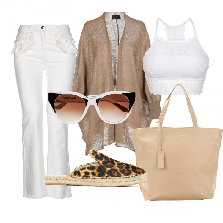 Outfit donna - Dalla mattina sempre di corsa. Stile Trendy per Tutti i giorni. Abbinamento con reggiseni, cardigans, jeans bootcut, borse a mano, occhiali da sole, sabot.