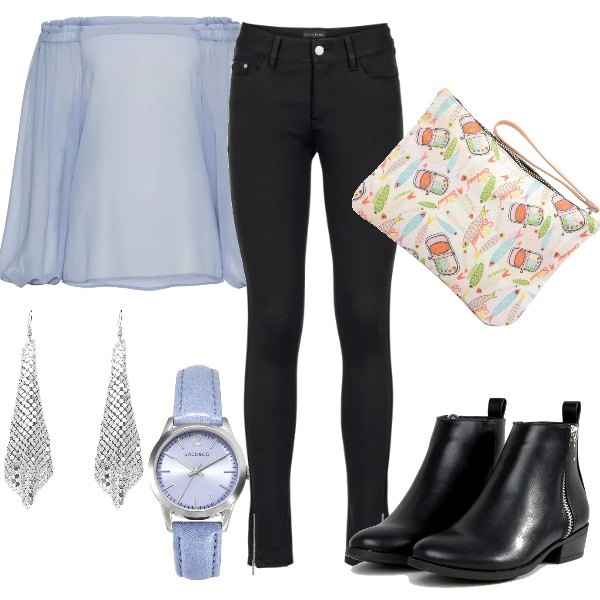 Outfit donna - Azzurro cielo. Stile Urban per Tutti i giorni. Abbinamento con pantaloni, orologio con fibbia in pelle sintetica, pochette fantasia multicolore con zip, orecchini pendenti argento.