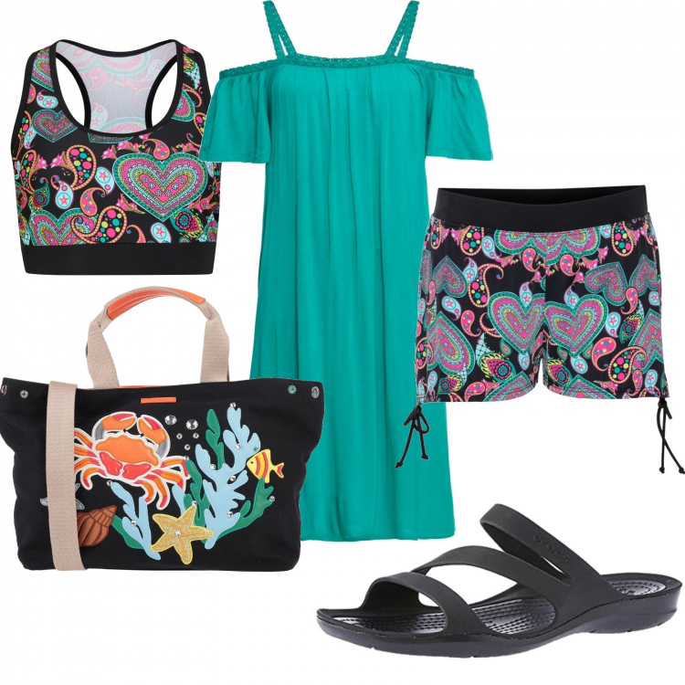 Outfit donna - Donna curvy a mare. Stile Basic per Mare. Abbinamento con vestiti, pantaloni corti, bikini, borse a mano, sandali.