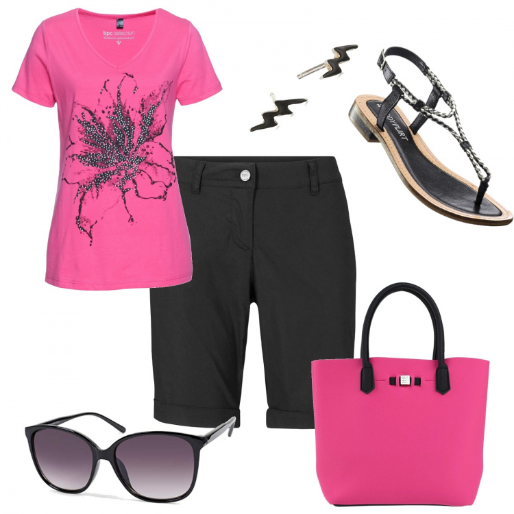 Outfit donna - Solo 2 colori fucsia e nero. Stile Basic per Tutti i giorni. Abbinamento con bermuda, t-shirt, infradito, borse a mano, occhiali da sole, orecchini.