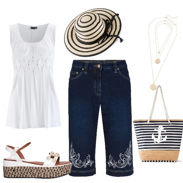 Outfit femme - Eté 2020. Style Basique pour Tous les jours. Assortir avec sac cabas, hauts, bermuda, colliers, chapeaux, sandales.