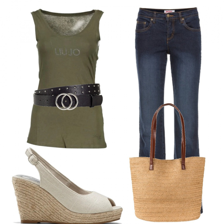Outfit donna - Trendy #47435. Stile Trendy per Tutti i giorni. Abbinamento con jeans dritti, cinture, décolleté, shopping bag, canottiere.