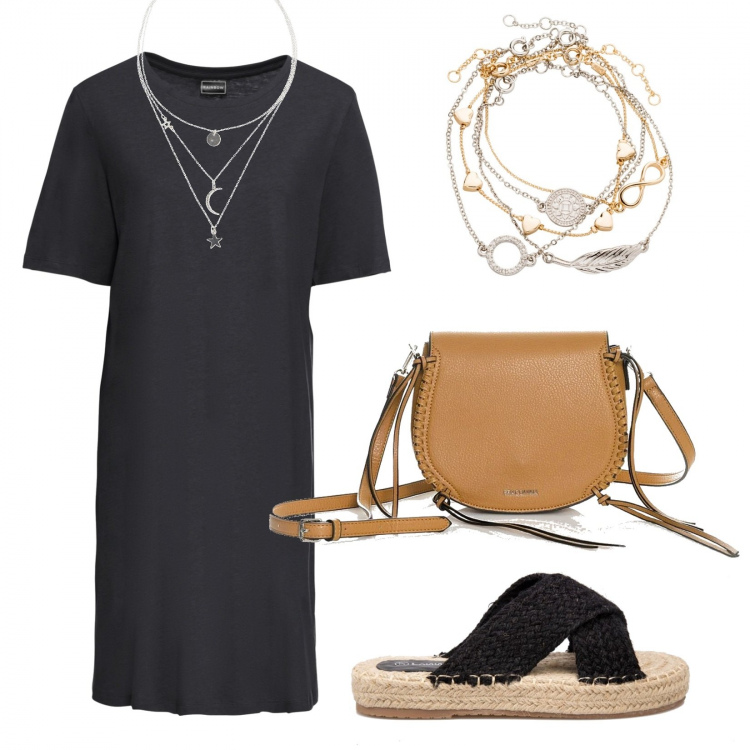 Outfit donna - Look in nero. Stile Basic per Mare. Abbinamento con vestiti, braccialetti con ciondoli, collane, borse a tracolla, ciabatte.