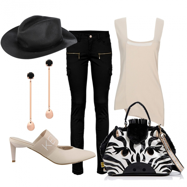 Outfit donna - Stile cow girl made in Italy. Stile Trendy per Tutti i giorni. Abbinamento con pantaloni cargo, top, orecchini, cappelli, borse a mano, sandali in pelle.