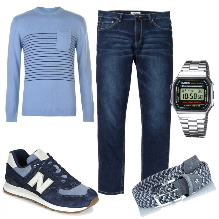 Outfit uomo - Il blu in autunno. Stile Business/Elegante per Tutti i giorni. Abbinamento con jeans, scarpe blu, pullovers, cinture, orologi.