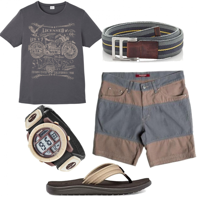 Outfit uomo - Infradito e bermuda. Stile Casual per Tutti i giorni. Abbinamento con t-shirt, bermuda, orologi, pantofole, cinture.