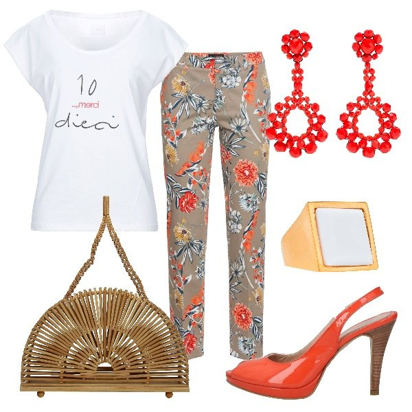 Outfit donna - Un look da 10!. Stile Chic per Ufficio. Abbinamento con pantaloni, t-shirt, sandali col tacco, anelli, orecchini, borse a mano.