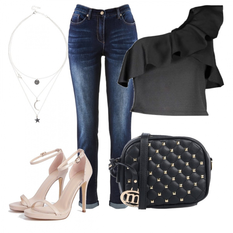 Outfit donna - In centro per lo shopping. Stile Trendy per Tutti i giorni. Abbinamento con jeans boyfriend, collane, borse a spalla, scarpe col tacco, top.