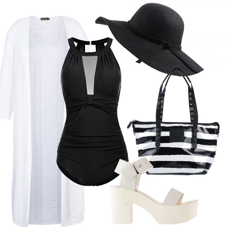 Outfit donna - Stile a bordo piscina. Stile Chic per Mare. Abbinamento con sandali col tacco, borse a mano, costumi, bikini, cappelli.