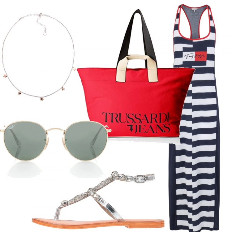 Outfit donna - In vacanza. Stile Urban per Mare. Abbinamento con vestiti da spiaggia, infradito, collane, borse tote, occhiali da sole.
