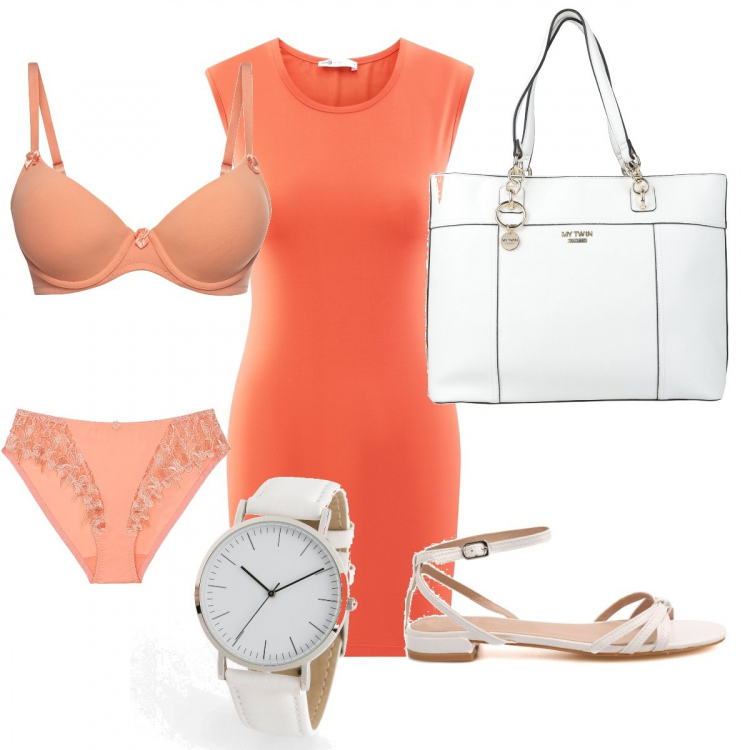 Outfit donna - Monday mood. Stile Basic per Ufficio. Abbinamento con borse a mano, gonne longuette, slip, orologi analogici, sandali in pelle, vestiti corti.