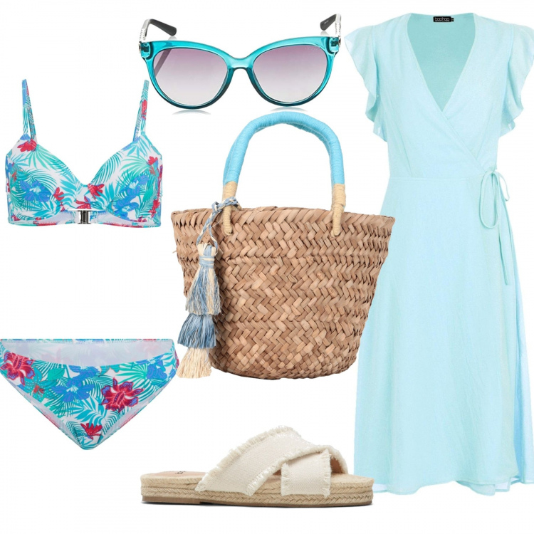 Outfit donna - Il colore del mare. Stile Chic per Mare. Abbinamento con ciabatte, canottiere, borse a mano, vestiti, occhiali da sole.