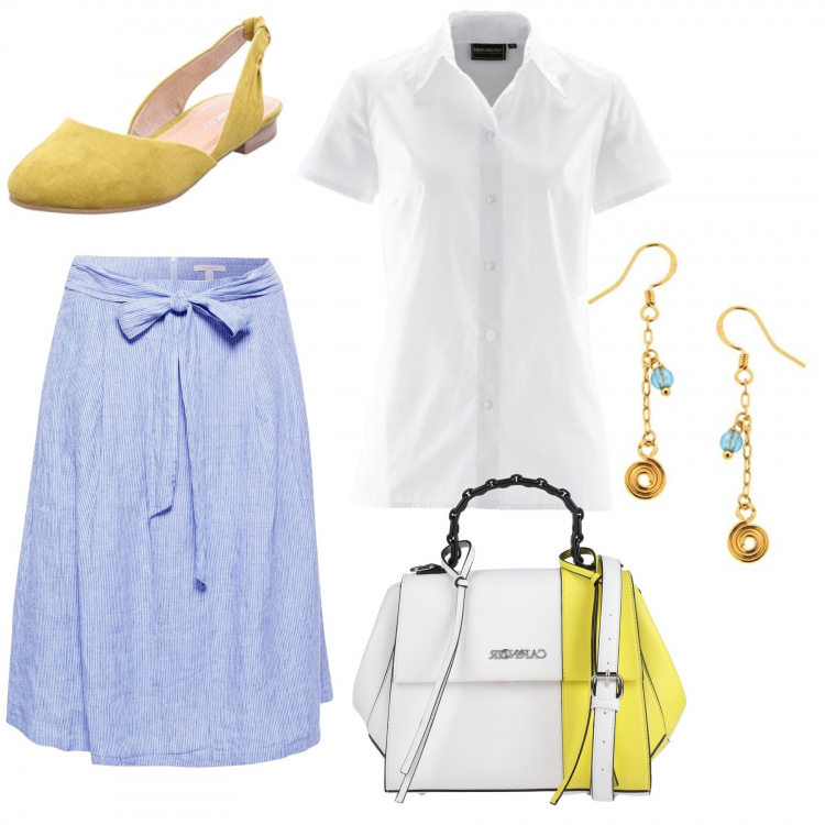 Outfit donna - Solare. Stile Bon Ton per Scuola/Università. Abbinamento con camicie a manica corta, borse a mano, gonne, orecchini, sandali.
