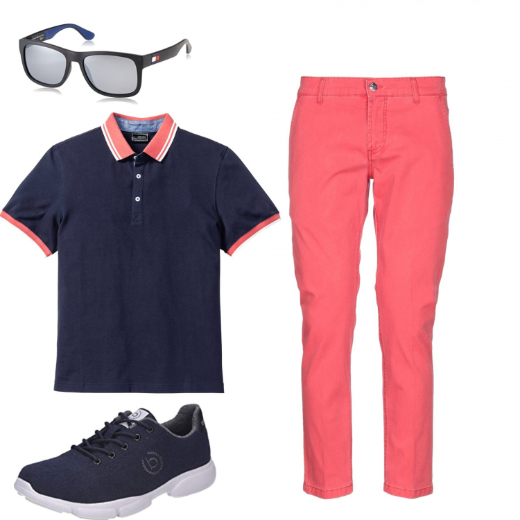 Outfit uomo - La Polo blu. Stile Casual per Tutti i giorni. Abbinamento con pantaloni, sneakers, occhiali da sole, polo.