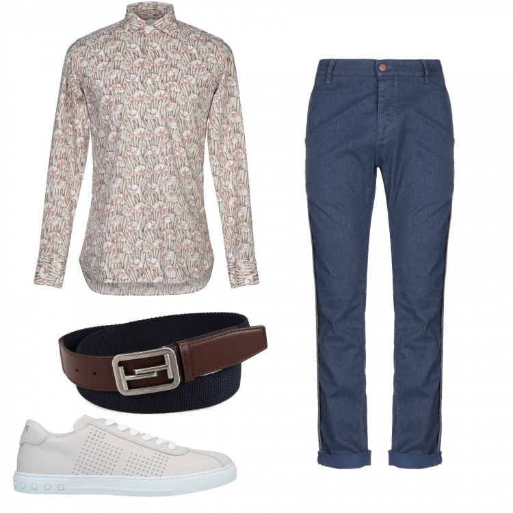 Outfit uomo - Tod. Stile Casual per Tutti i giorni. Abbinamento con camicie, jeans dritti, sneakers, cinture.