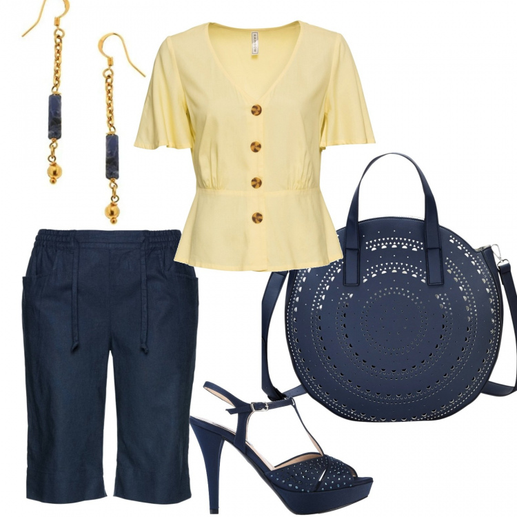 Outfit donna - Total blu. Stile Basic per Tutti i giorni. Abbinamento con bermuda, camicie a manica corta, portafogli, sandali col tacco, orecchini.