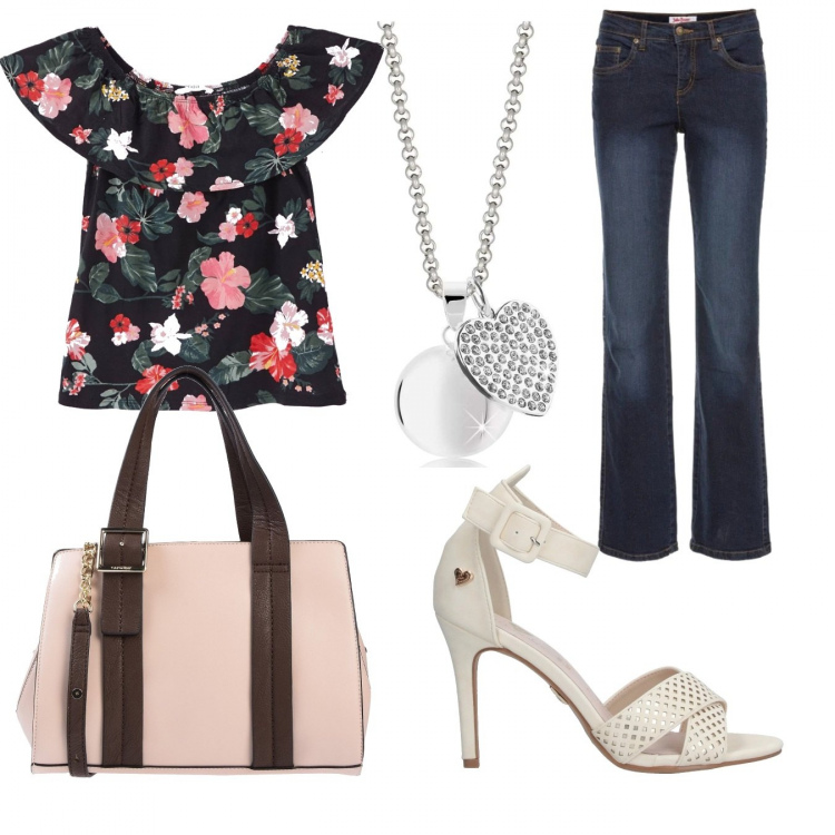 Outfit donna - Trendy #48154. Stile Trendy per Tutti i giorni. Abbinamento con jeans dritti, borse a mano, sandali in pelle, bluse, collane.