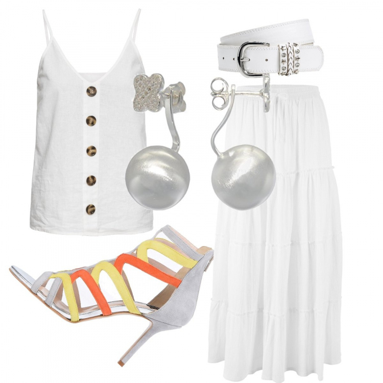 Outfit donna - Total look #641830. Abbinamento con cinture, gonne lunghe, top, sandali in pelle, orecchini.