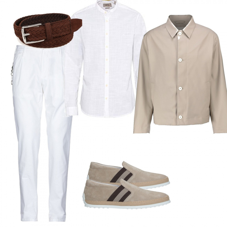 Outfit uomo - Bianco e beige. Stile Casual per Ufficio. Abbinamento con sneakers, pantaloni, camicie, cinture, giacche.