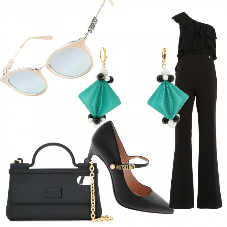 Outfit donna - Décolleté nere!. Stile Trendy per Tutti i giorni. Abbinamento con occhiali da sole, orecchini, borse a mano, tute, décolleté.