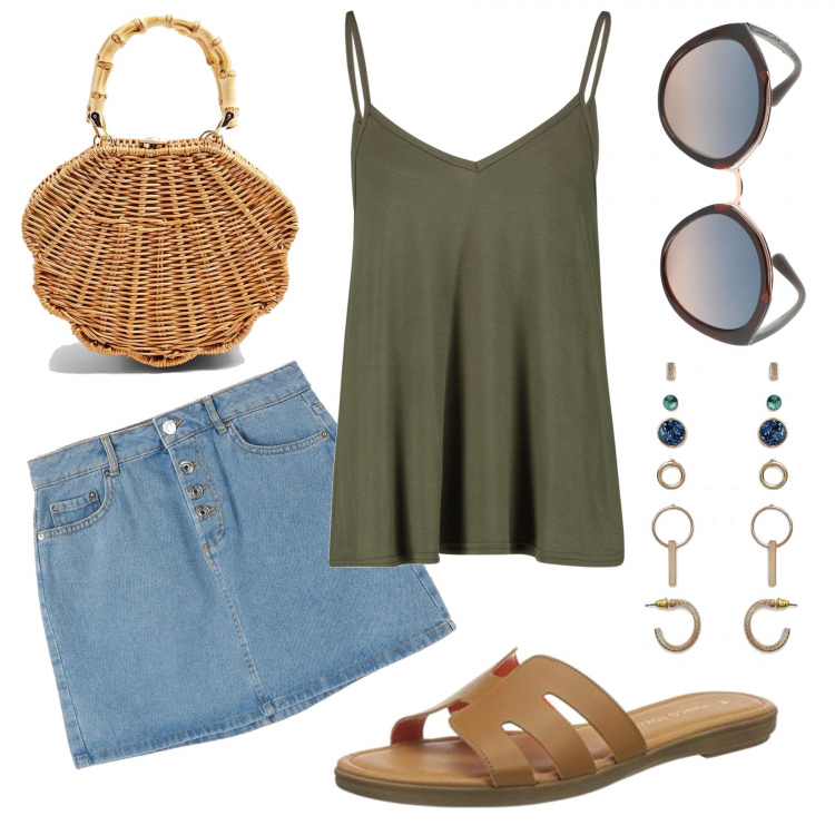 Outfit mujer - Sandalias + falda de denim. Estilo Trendy para Todos los días. Combinación con sandalia sabot, gafas de sol, minifaldas, blusas, pendientes, bolsos de hombro.