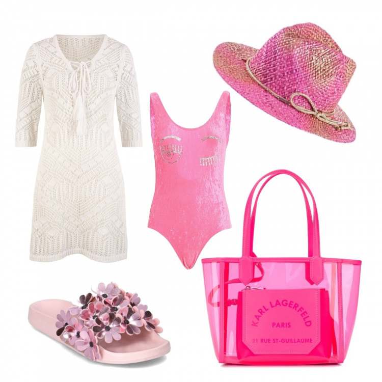 Outfit donna - Estate romantica. Stile Trendy per Mare. Abbinamento con vestiti da spiaggia, ciabatte, borse tote, costumi, cappelli.