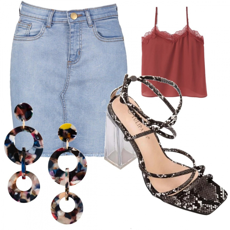 Outfit donna - Tempo libero. Stile Sexy per Serata fuori. Abbinamento con orecchini, top, gonne longuette, sandali col tacco.