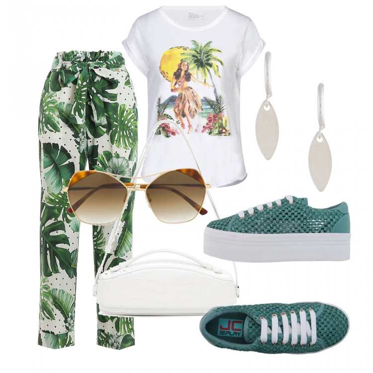 Outfit donna - Tropical style. Stile Trendy per Tutti i giorni. Abbinamento con sneakers, t-shirt, occhiali da sole, orecchini, pantaloni, borse a spalla.