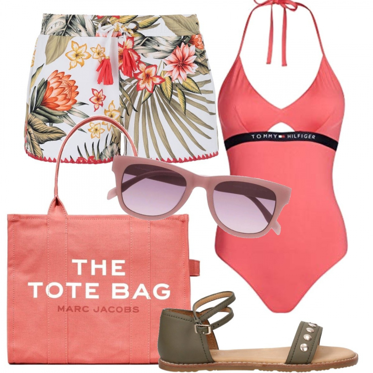 Outfit donna - Tropicana. Stile Trendy per Mare. Abbinamento con vestiti da spiaggia, sandali, borse tote, occhiali da sole, bikini.