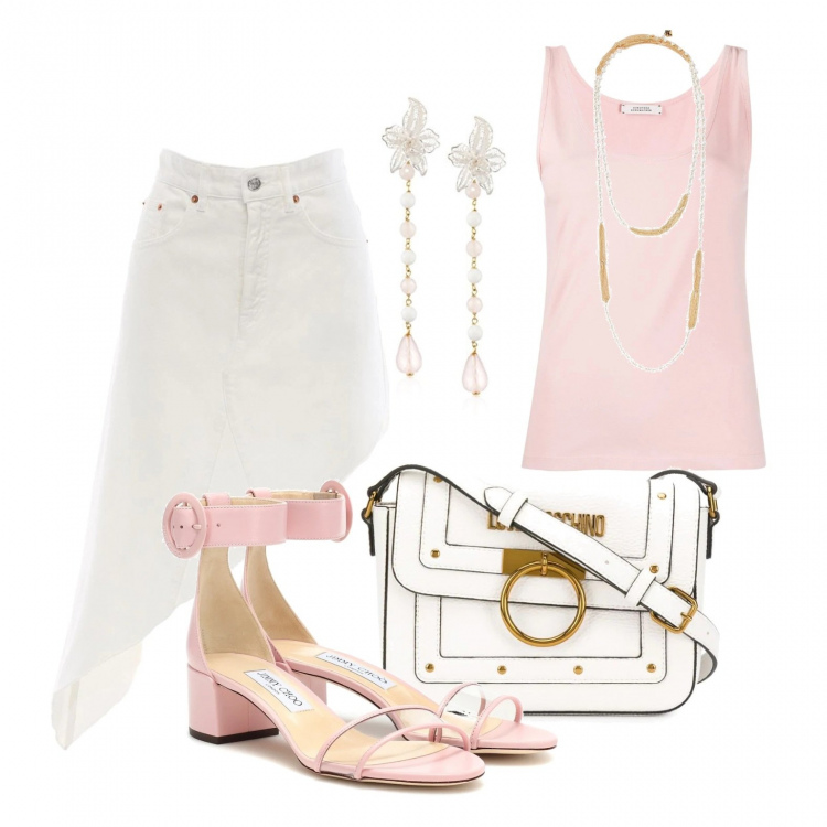 Outfit donna - Gonna denim e sandalo trendy. Stile Trendy per Tutti i giorni. Abbinamento con collane, canottiere, borse a spalla, sandali in pelle, minigonne, orecchini.