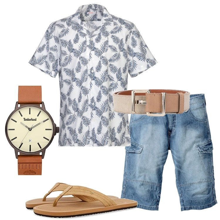 Outfit uomo - Orologio e camicia estiva fantasia. Stile Casual per Tutti i giorni. Abbinamento con bermuda, camicie a manica corta, cinture, sandali, orologi analogici.