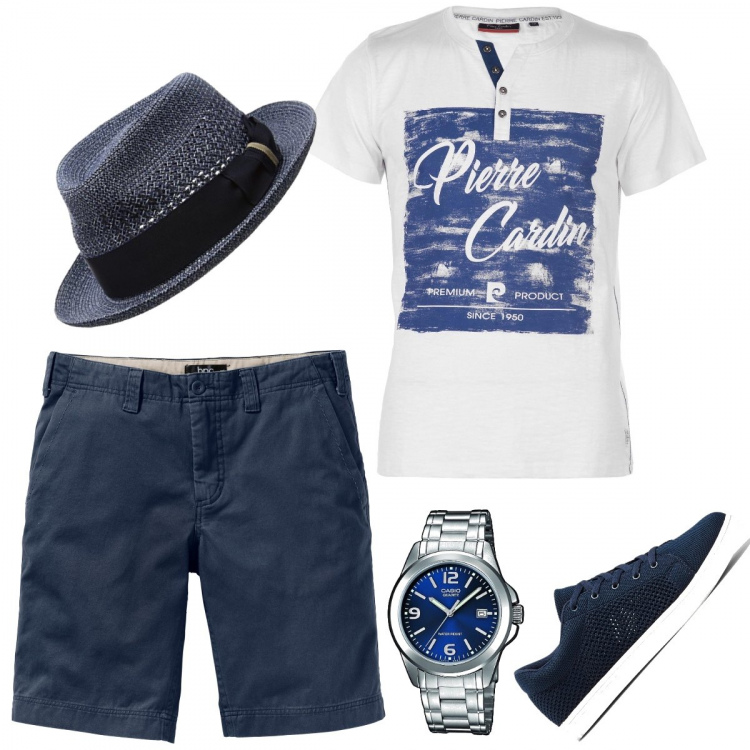 Outfit uomo - Con il cappello estivo. Stile Urban per Tutti i giorni. Abbinamento con bermuda, sneakers, t-shirt, cappelli, orologi.