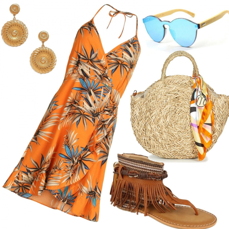 Outfit mujer - Palmeras. Estilo Trendy para Todos los días. Combinación con sandalias, bolso shopper, gafas de sol, vestidos, pendientes.