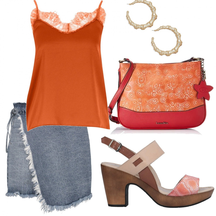Outfit mujer - Trendy #48261. Estilo Trendy para Todos los días. Combinación con bandoleras, faldas, sandalias de tacón, blusas, pendientes.