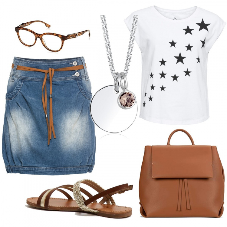 Outfit donna - Con i sandali trendy e la gonna denim. Stile Trendy per Scuola/Università. Abbinamento con minigonne, t-shirt, sandali, borse a spalla, borse, collane.