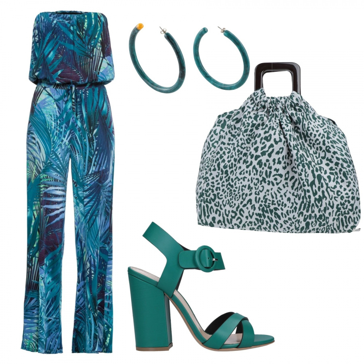 Outfit donna - Trendy #48262. Stile Trendy per Serata fuori. Abbinamento con tute, borse a mano, sandali in pelle, orecchini.