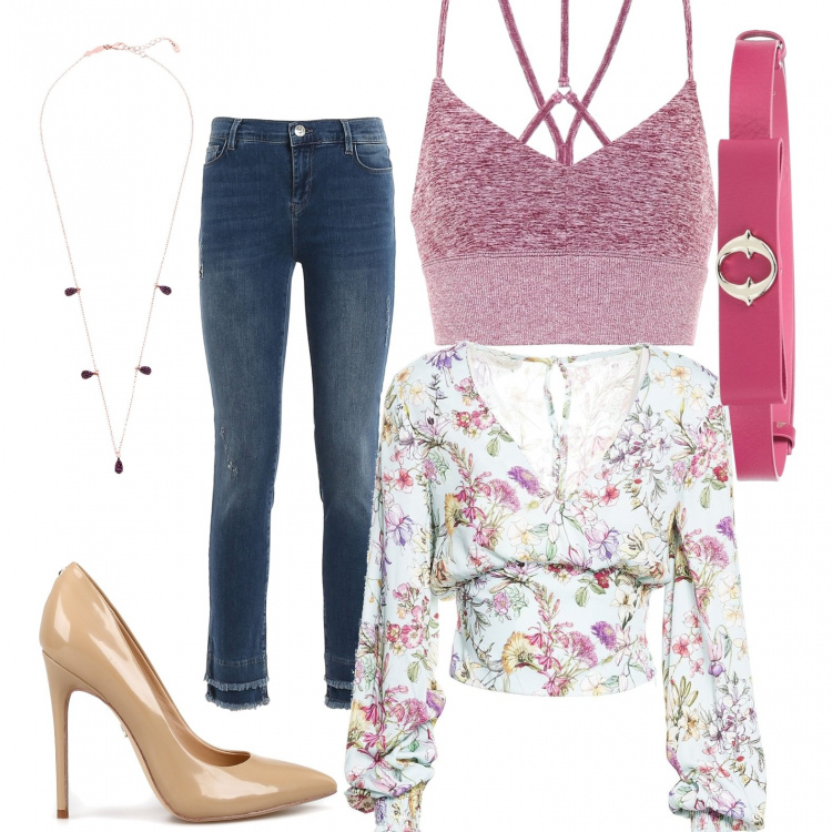 Outfit donna - Jeans e rosa. Stile Sexy per Tutti i giorni. Abbinamento con collane, cinture, bluse, jeans skinny, décolleté, top.