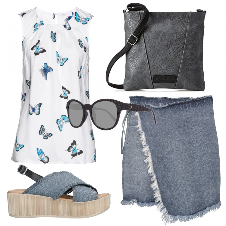 Outfit donna - Gonna jeans e sandali. Stile Basic per Tutti i giorni. look ideale per Petite. Abbinamento con top, sandali, gonne, borse a tracolla, occhiali da sole.