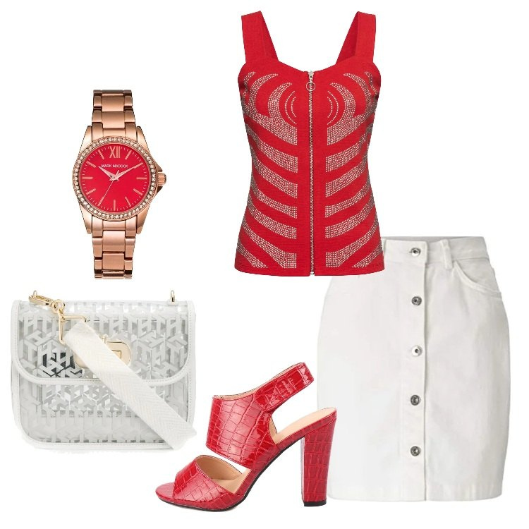 Outfit donna - Sandalo trendy e gonna denim. Stile Trendy per Serata fuori. Abbinamento con top, borse a tracolla, sandali in pelle, gonne, orologi.