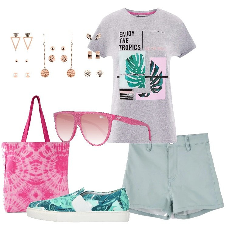 Outfit donna - Trend stampe tropical. Stile Basic per Tutti i giorni. Abbinamento con shopping bag, sneakers, shorts, orologi, t-shirt, occhiali da sole.
