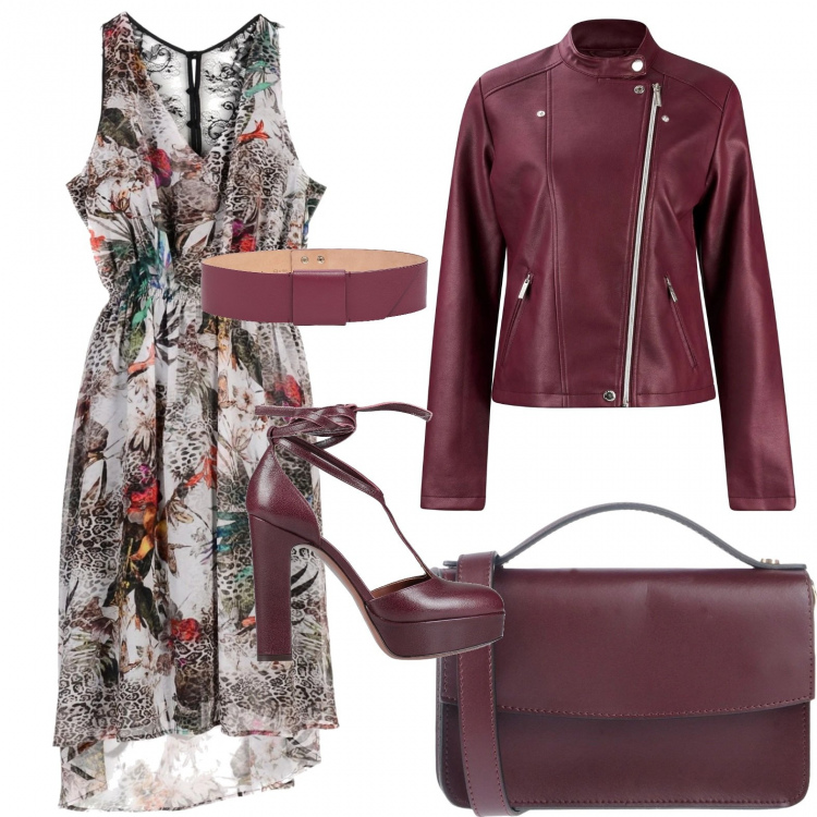 Outfit donna - Tropical e bordeaux. Stile Trendy per Serata fuori. Abbinamento con vestiti midi/longuette, borse a cartella, décolleté, cinture, blazer.