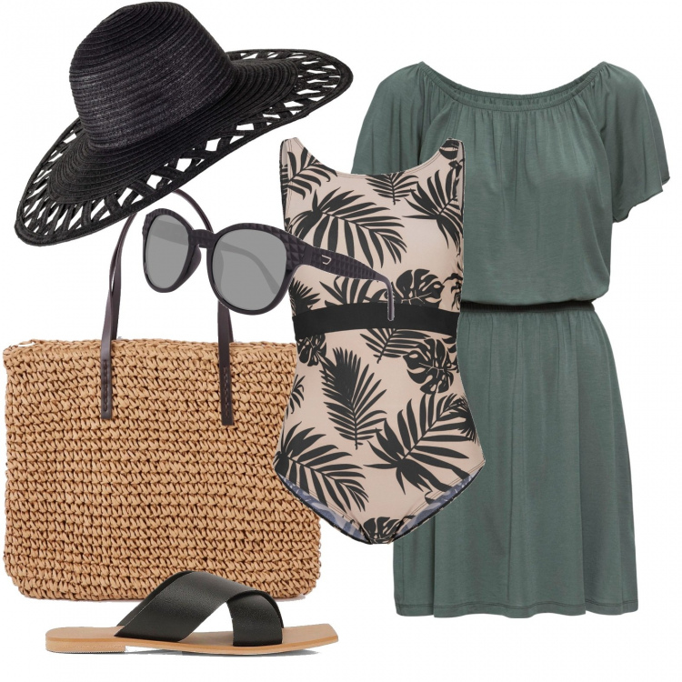Outfit donna - Vacanza. Stile Basic per Mare. Abbinamento con vestiti, costumi interi, cappelli, shopping bag, ciabatte, occhiali da sole.