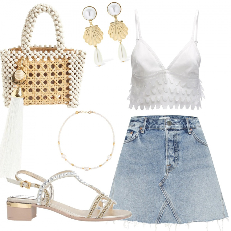 Outfit femme - Tendance #48269. Style Tendance pour Tous les jours. Assortir avec minijupes, pochette, hauts, boucles d'oreilles, sandales à talon, pendentifs.