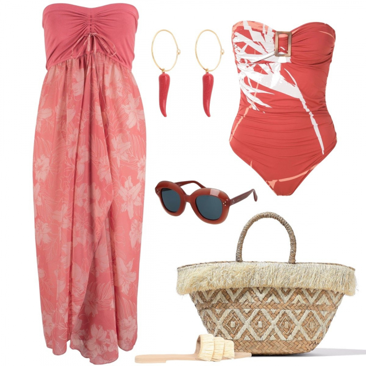 Outfit donna - Paglia e corallo. Stile Basic per Mare. Abbinamento con vestiti da spiaggia, borse a mano, orecchini, sandali, occhiali da sole, costumi interi.