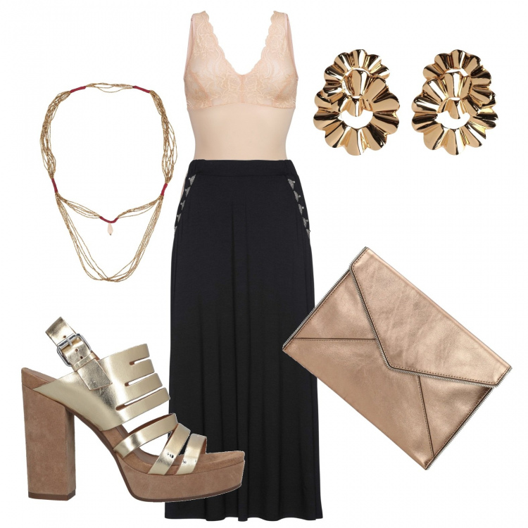 Outfit donna - Urban #17724. Stile Urban per Serata fuori. Abbinamento con top, gonne, sandali col tacco, collane, orecchini, pochette.