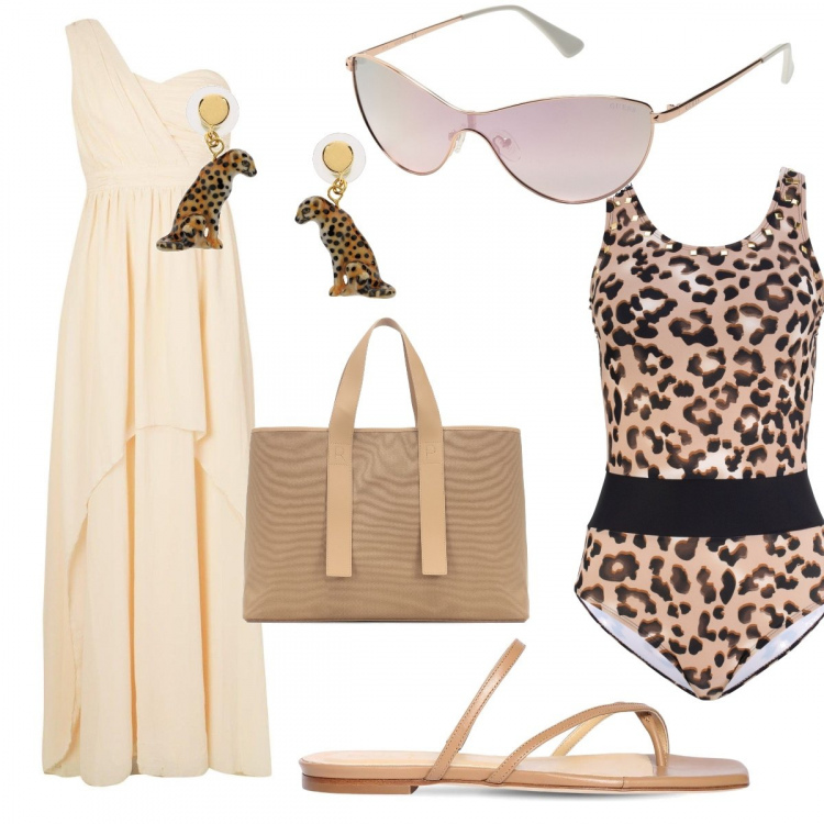 Outfit donna - Leopard mood. Stile Chic per Mare. look ideale per Tall. Abbinamento con costumi interi, orecchini, occhiali da sole, vestiti asimmetrici, borse tote, sandali in pelle.