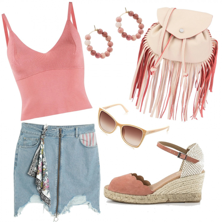 Outfit mujer - Aire boho. Estilo Étnico para Todos los días. Combinación con gafas de sol, sandalias, faldas, bandoleras, top, pendientes.