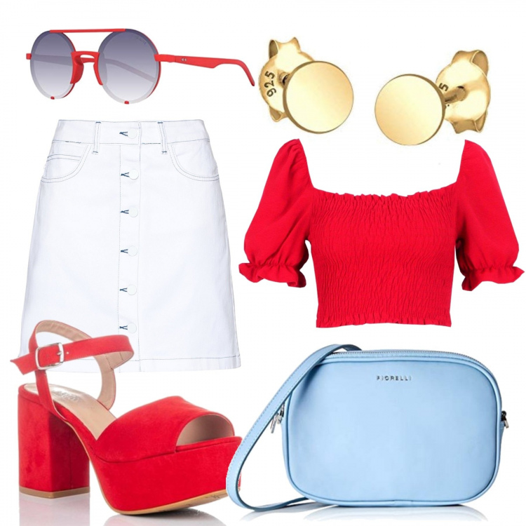 Outfit mujer - Denim. Estilo Trendy para Todos los días. Combinación con gafas de sol, bandoleras, pendientes, sandalias, minifaldas, top.