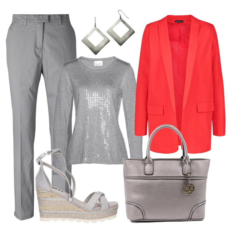 Outfit donna - Basic #29450. Stile Basic per Ufficio. Abbinamento con vestiti chemisier, maglioni, blazer, sandali, borse a mano, orecchini.